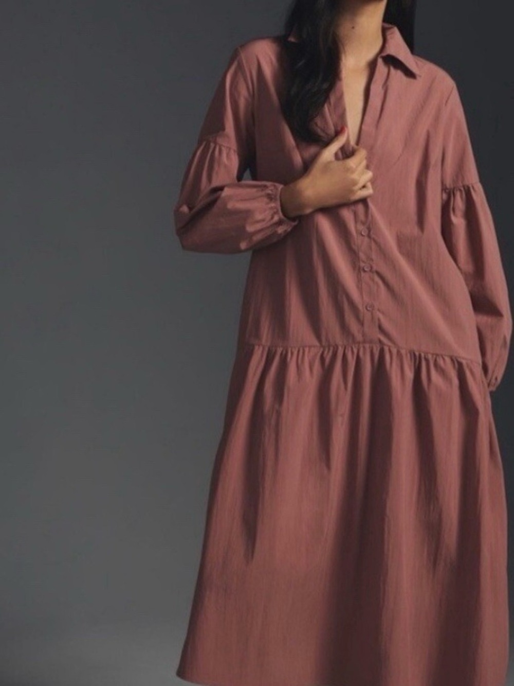 Meave (anthropologie) Button-Front Tiered Midi Dress in Dusty Rose